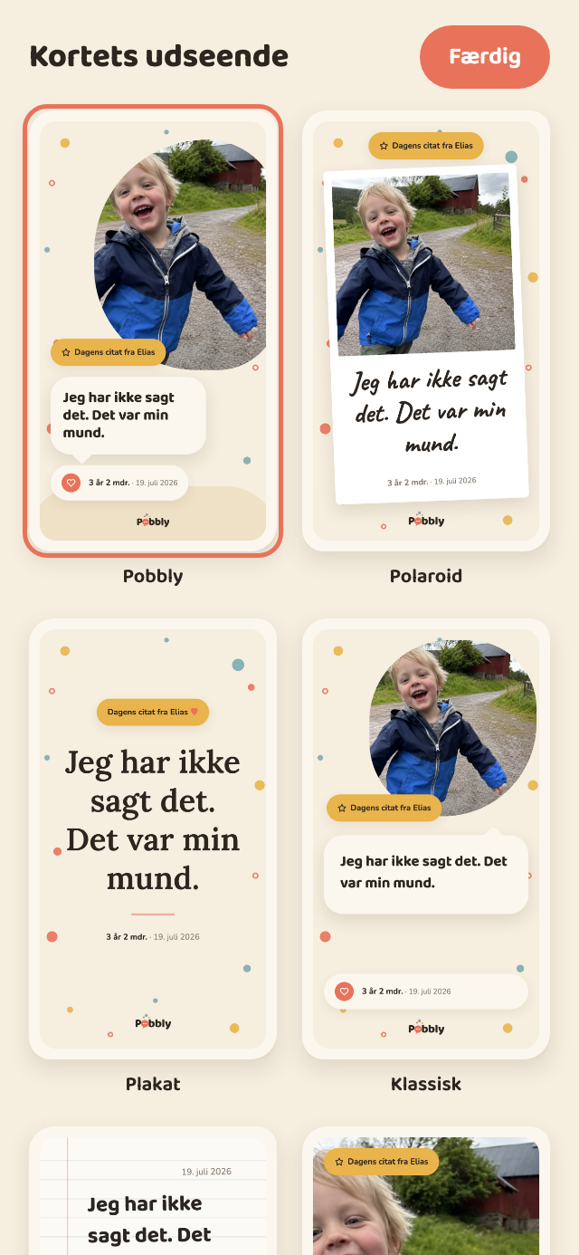 Forsiden i Pobbly: Carla og Elias kan vælges øverst, dagens pobble er Carlas 'Hvorfor har månen ikke sko på?', og nedenunder står de seneste citater.